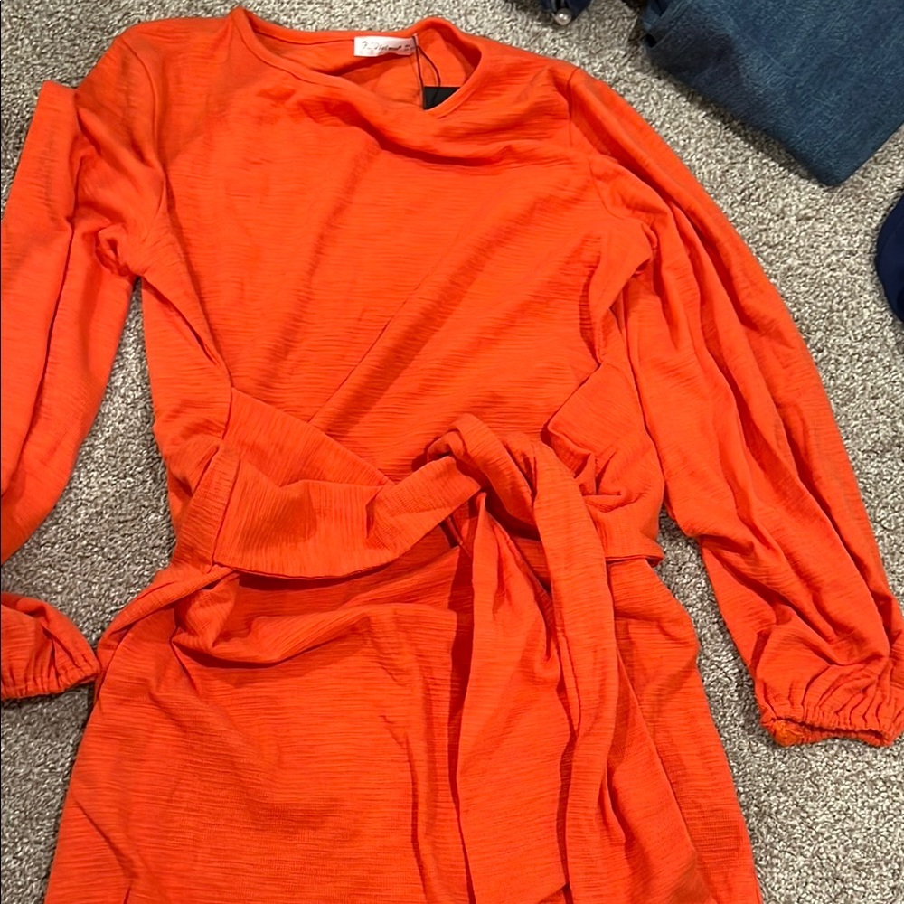 Amazon Orange Wrap Tie Front Midi Dress